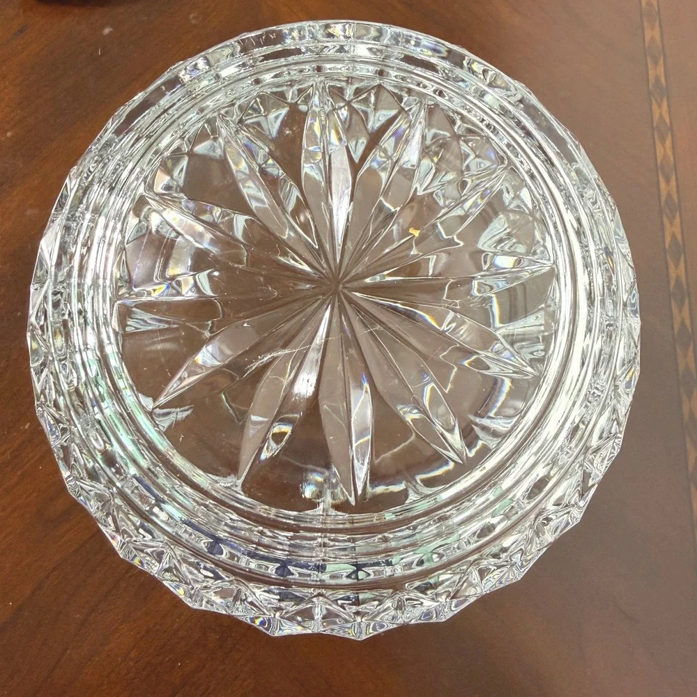 Vintage Cut Crystal Ice Bucket Chrome Handle & Tongs Starburst MCM Barware 5
